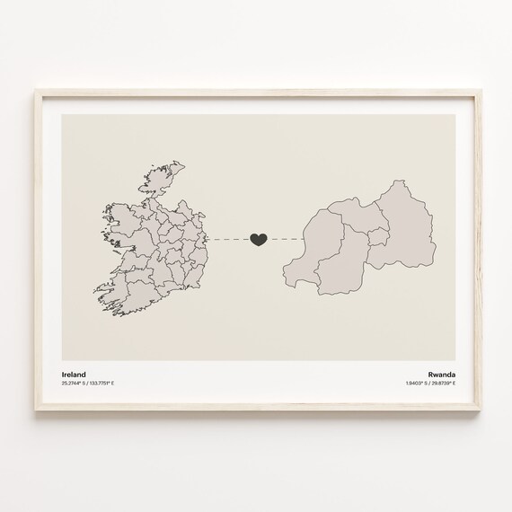 Ireland to Rwanda Heartfelt Long Distance Connection Map Poster
