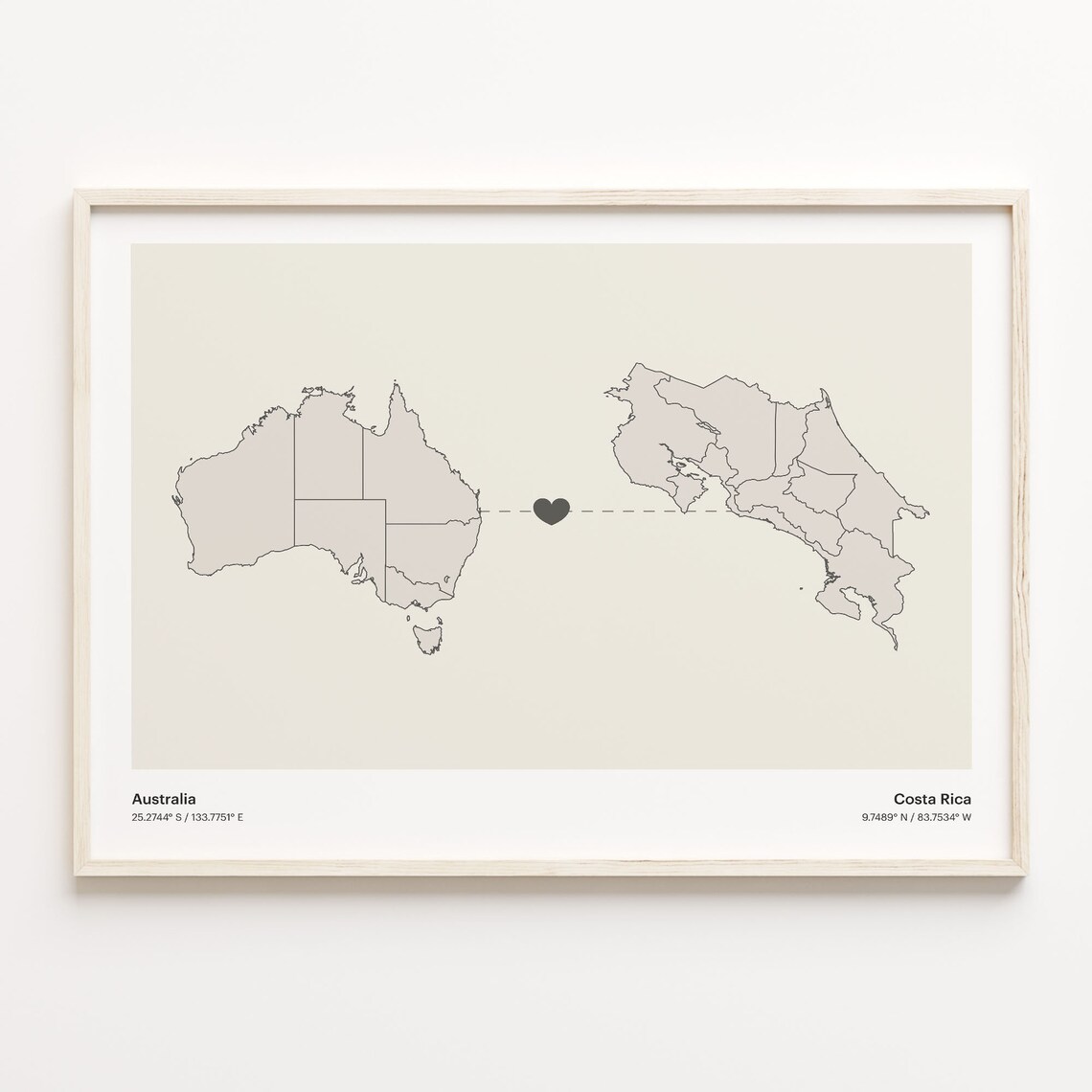 Australia to Costa Rica Minimalist Heart Connection Map Poster