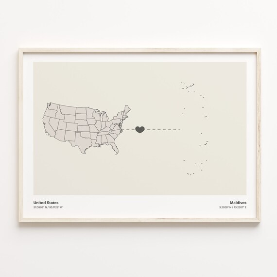 United States to Maldives Minimalist Heart Map Connection Poster