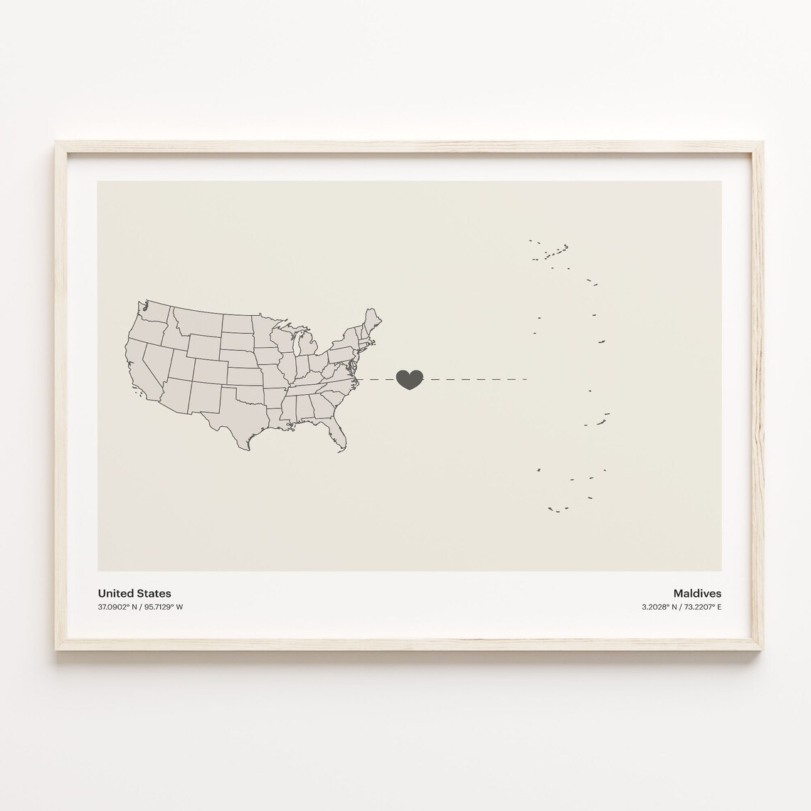 United States to Maldives Minimalist Heart Map Connection Poster