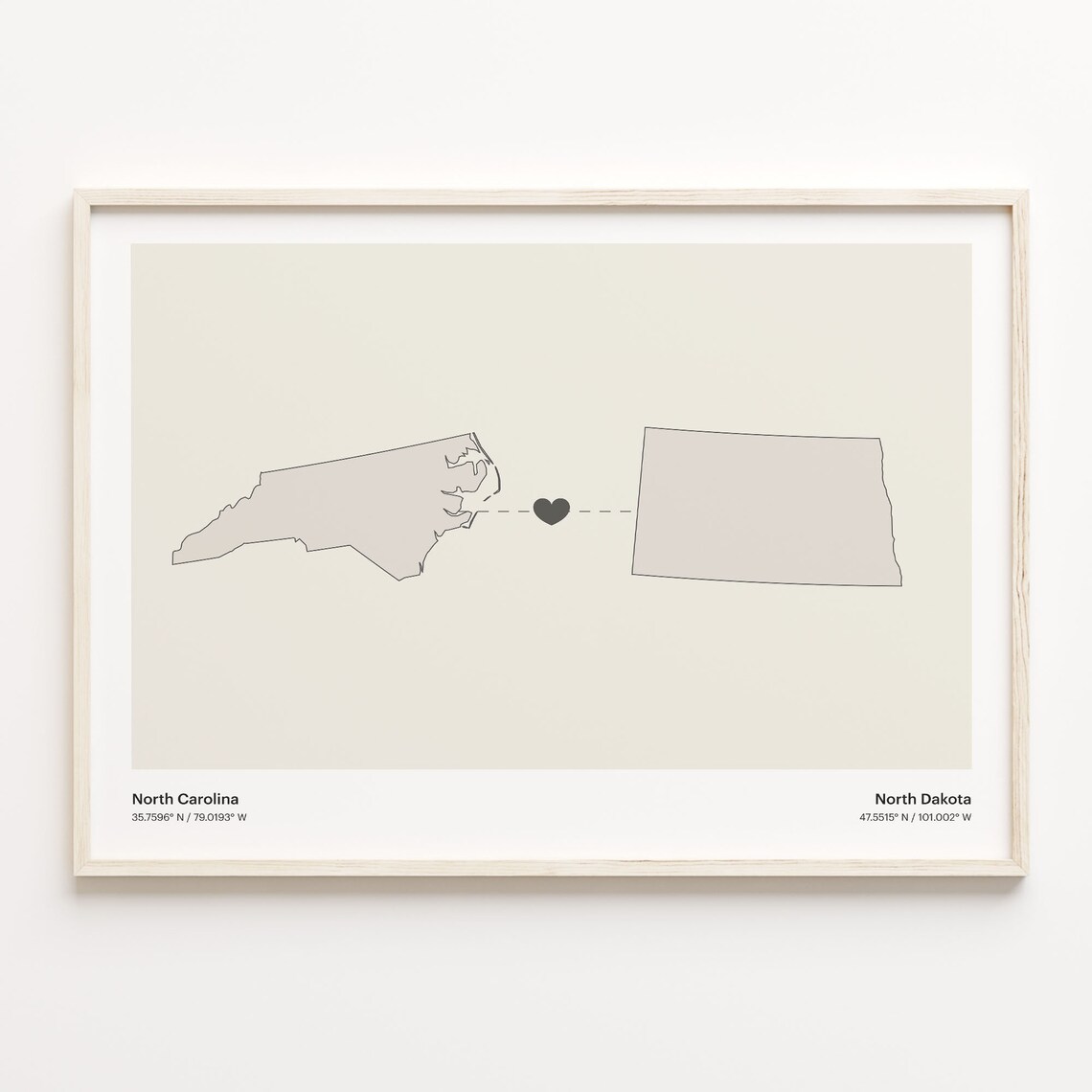 North Carolina And North Dakota Long Distance Love Minimalist Heart Map Poster