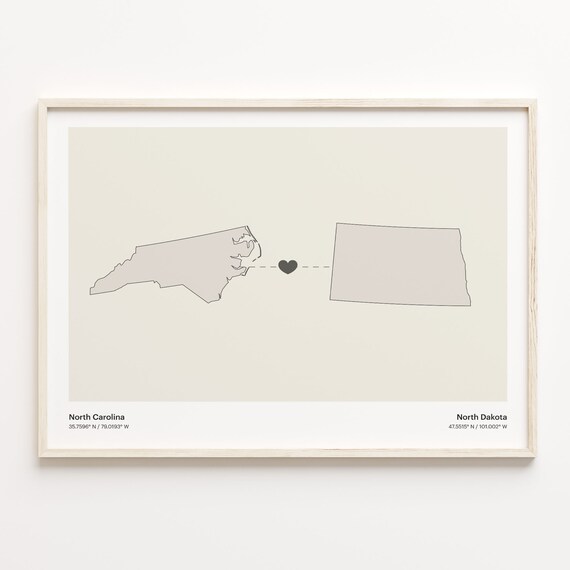 North Carolina And North Dakota Long Distance Love Minimalist Heart Map Poster