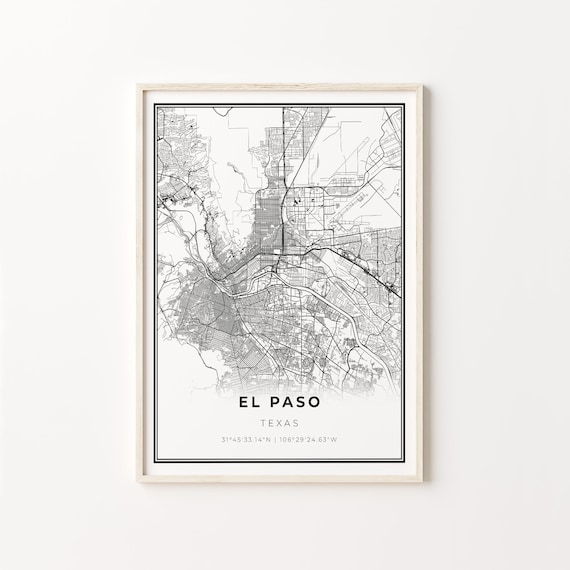 El Paso Texas Modern Minimalist Black White Street Map Poster