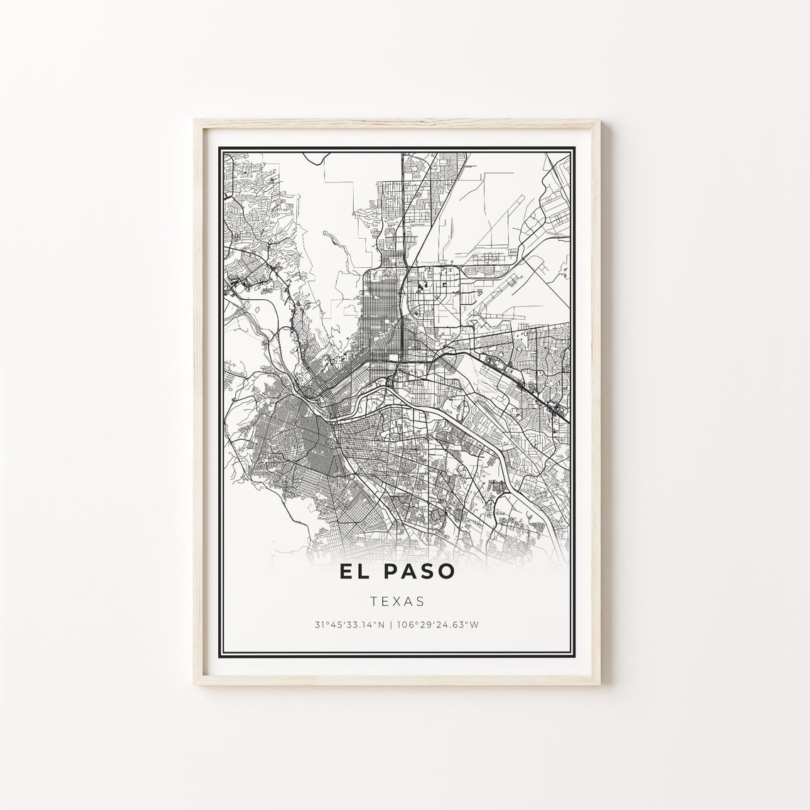 El Paso Texas Modern Minimalist Black White Street Map Poster