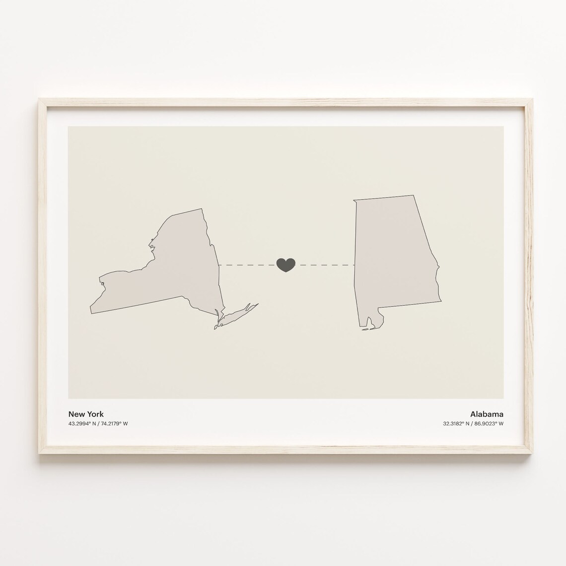 New York To Alabama Minimalist Heart Long Distance Connection Poster