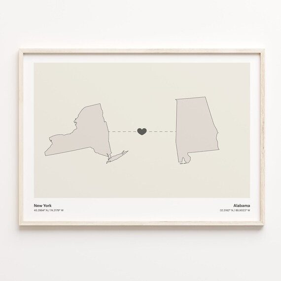 New York To Alabama Minimalist Heart Long Distance Connection Poster