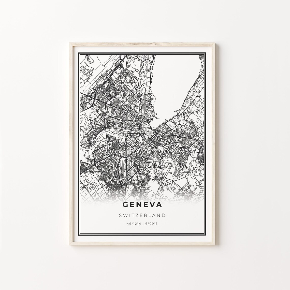 Geneva Switzerland Black White Minimalist City Street Map Art Poster