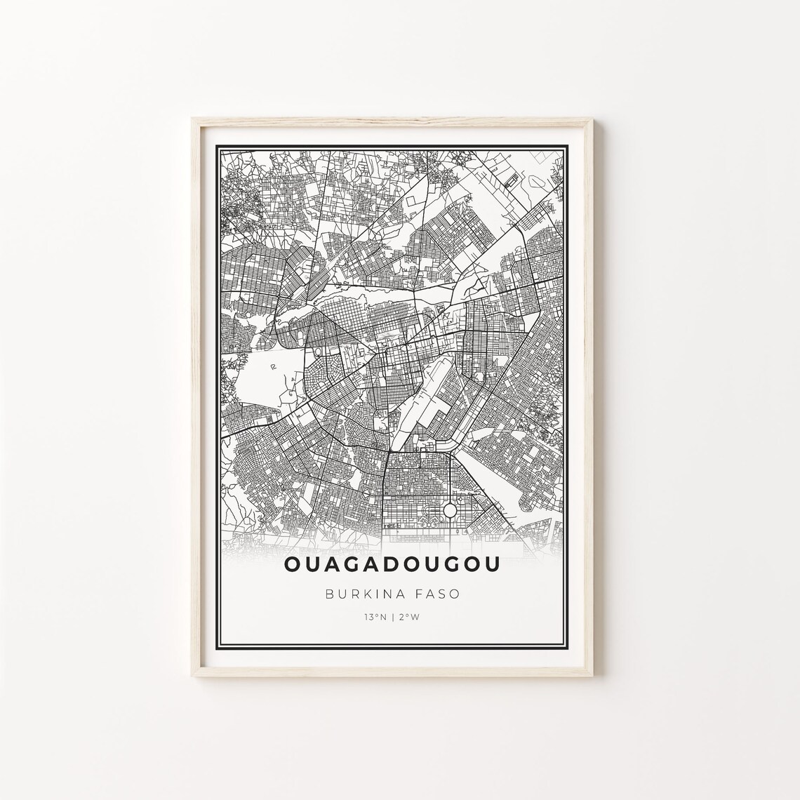 Ouagadougou Burkina Faso Minimalist Black White City Street Map Art Poster
