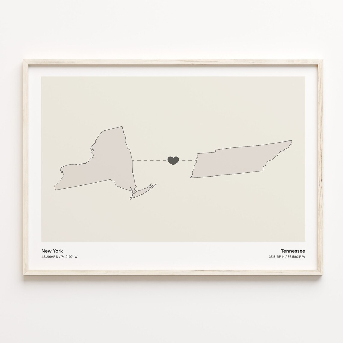 New York To Tennessee Heart Connection Minimalist Map Poster