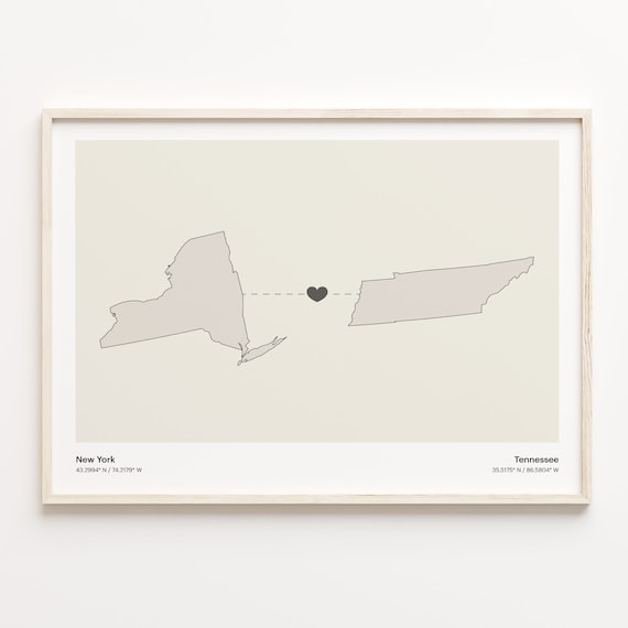 New York To Tennessee Heart Connection Minimalist Map Poster
