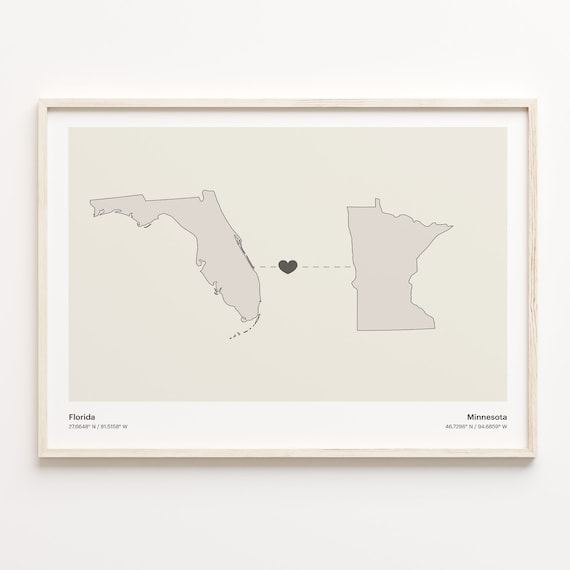 Florida Minnesota Long Distance Connection Heart Map Poster Gift