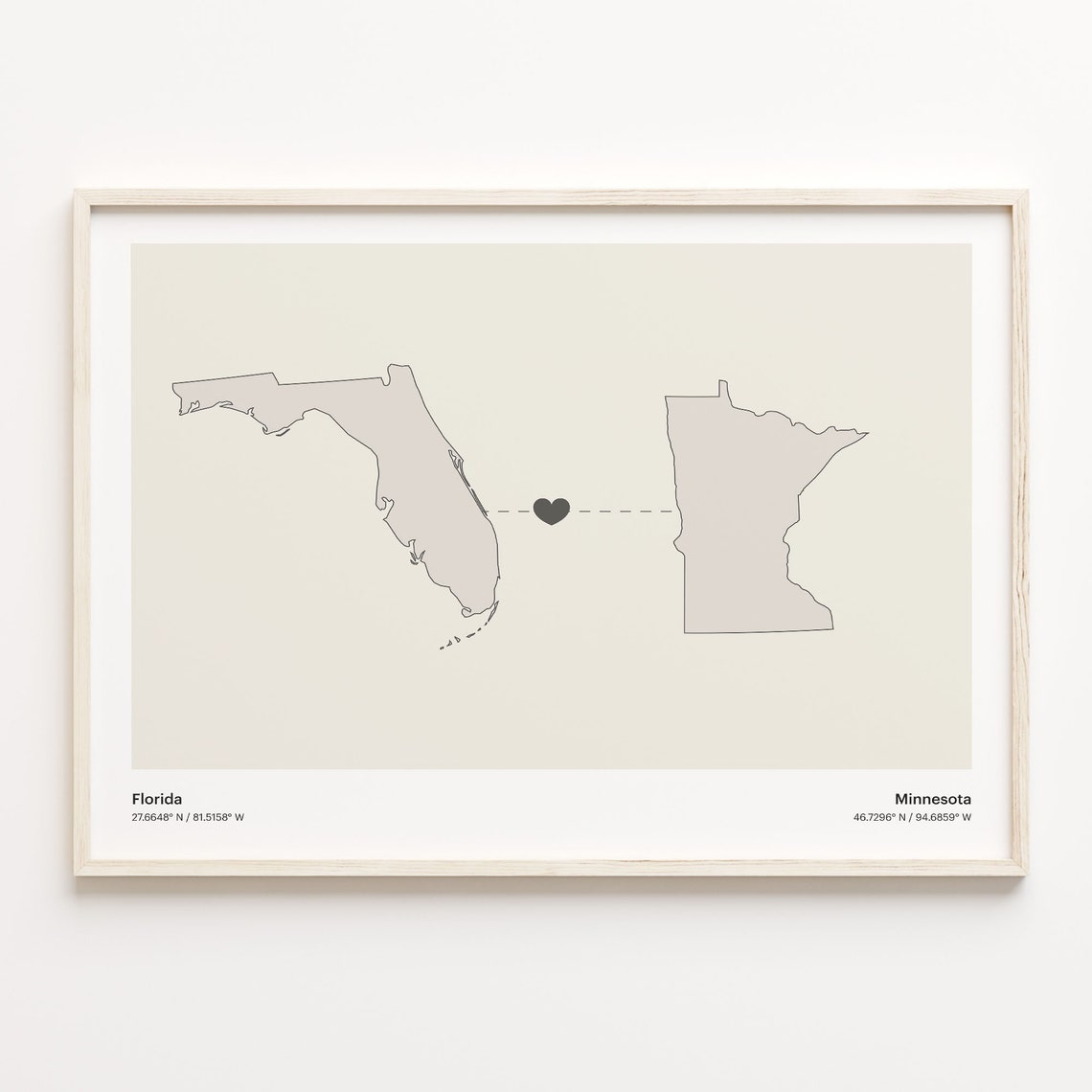 Florida Minnesota Long Distance Connection Heart Map Poster Gift