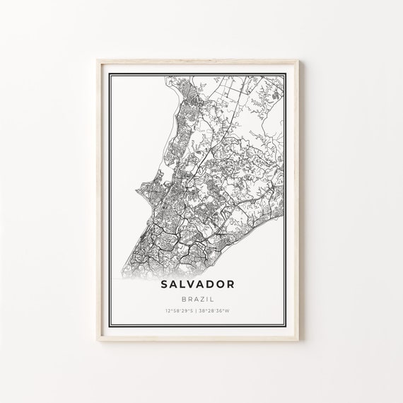 Salvador City Map Art Print, Modern Black and White