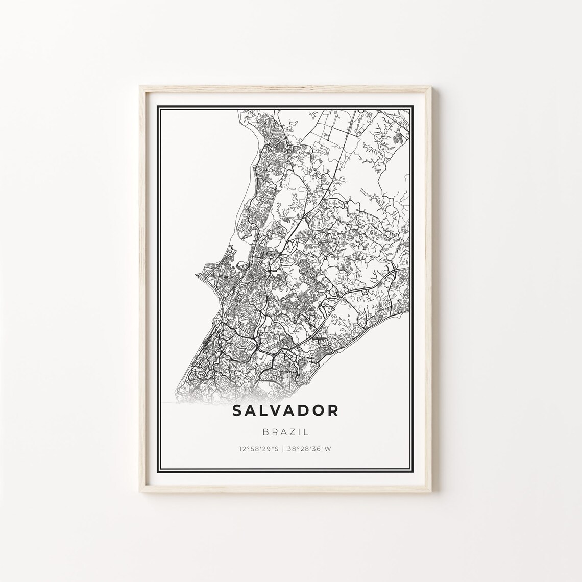 Salvador City Map Art Print, Modern Black and White