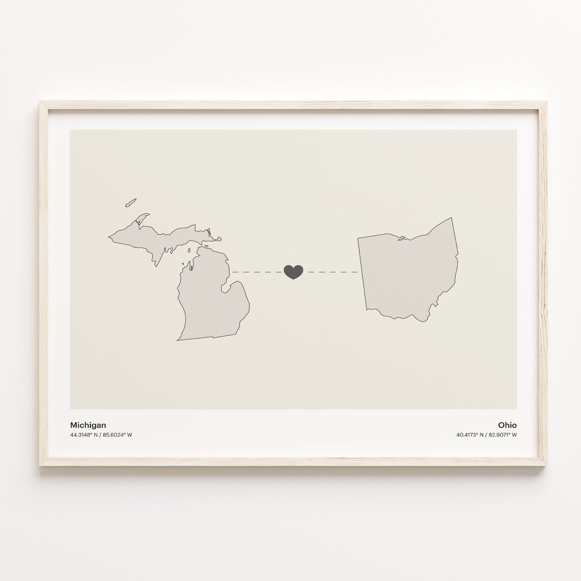 Michigan And Ohio Long Distance Love Minimalist Heart Map Poster