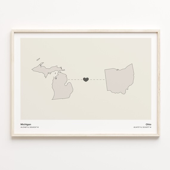 Michigan And Ohio Long Distance Love Minimalist Heart Map Poster