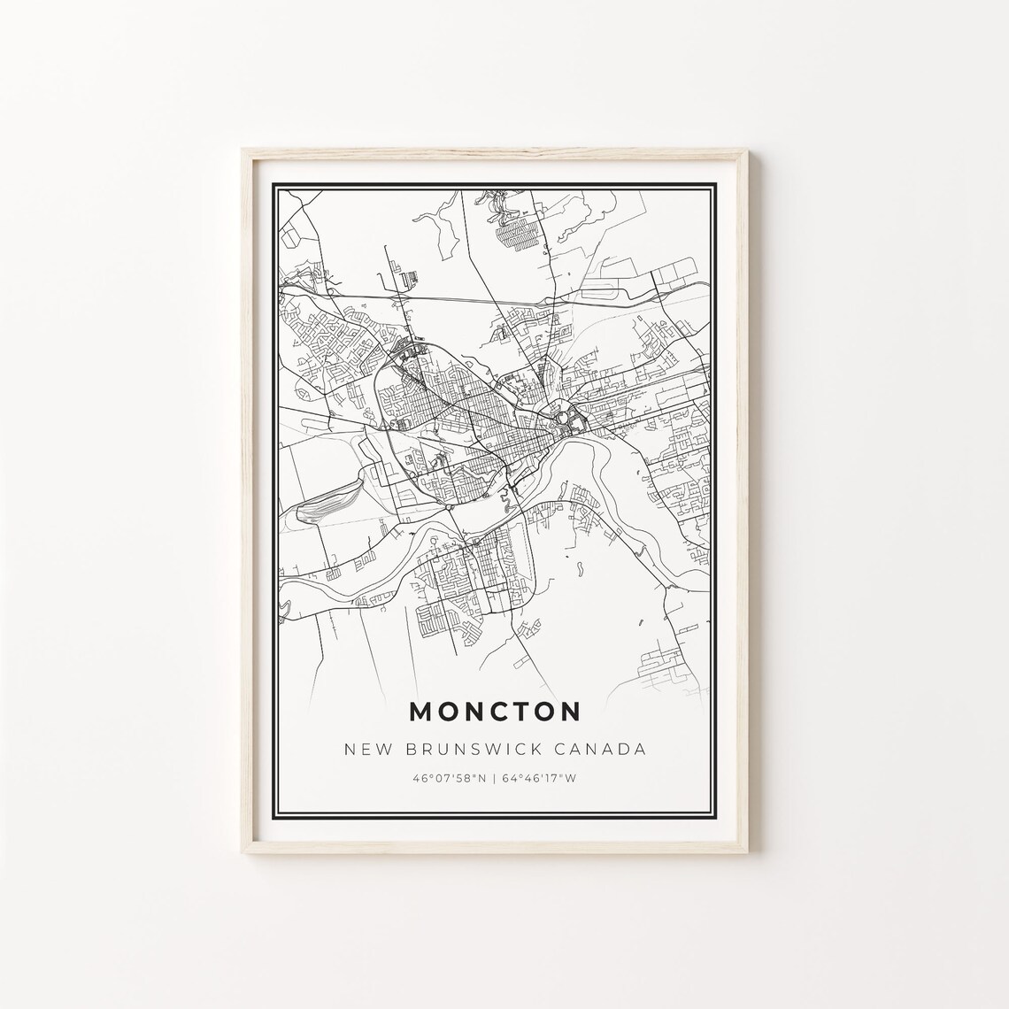 Moncton New Brunswick Canada City Map Black White Street Line Art Poster