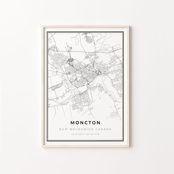 Moncton New Brunswick Canada City Map Black White Street Line Art Poster