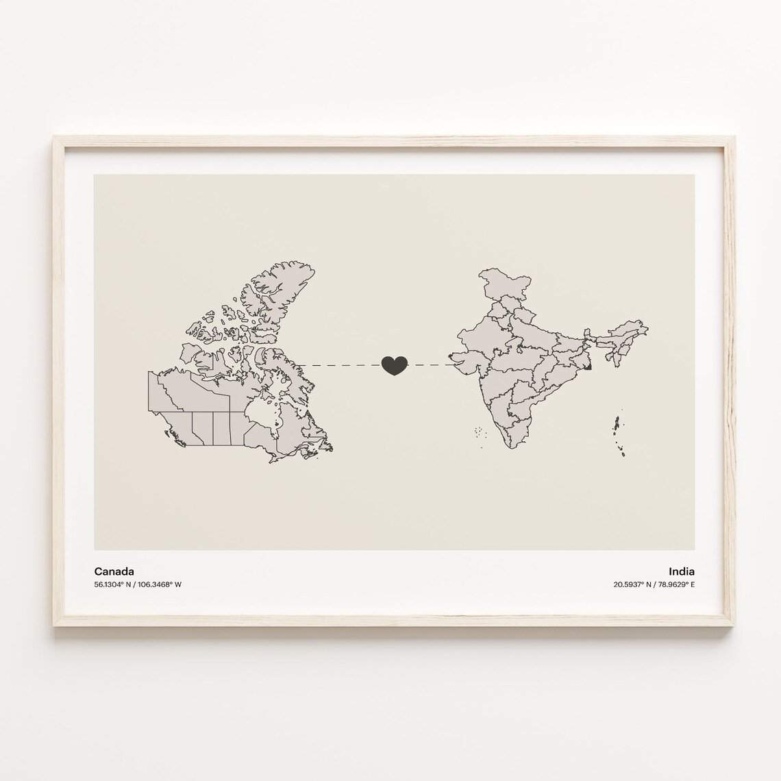 Canada To India Minimalist Country Connection Map Art Print
