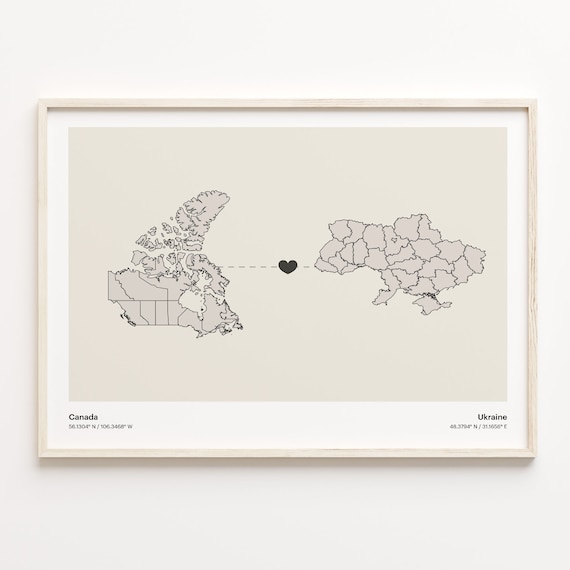 Canada to Ukraine Minimalist Heart Connection Map Art Poster