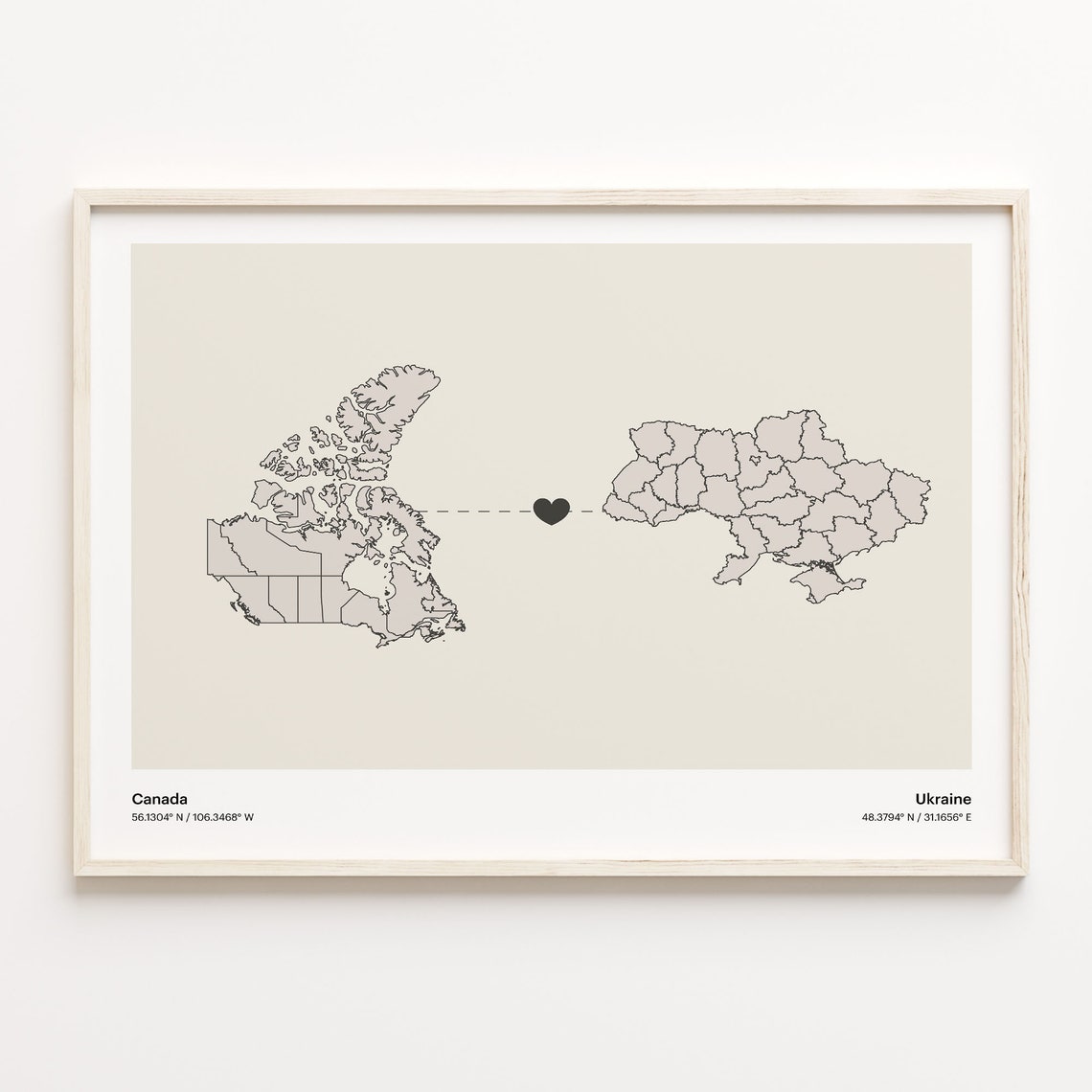 Canada to Ukraine Minimalist Heart Connection Map Art Poster