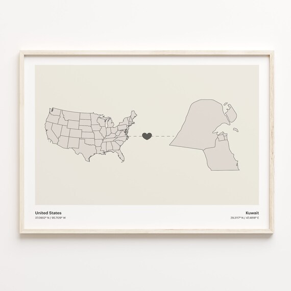 United States To Kuwait Minimalist Love Heart Connection Map Poster