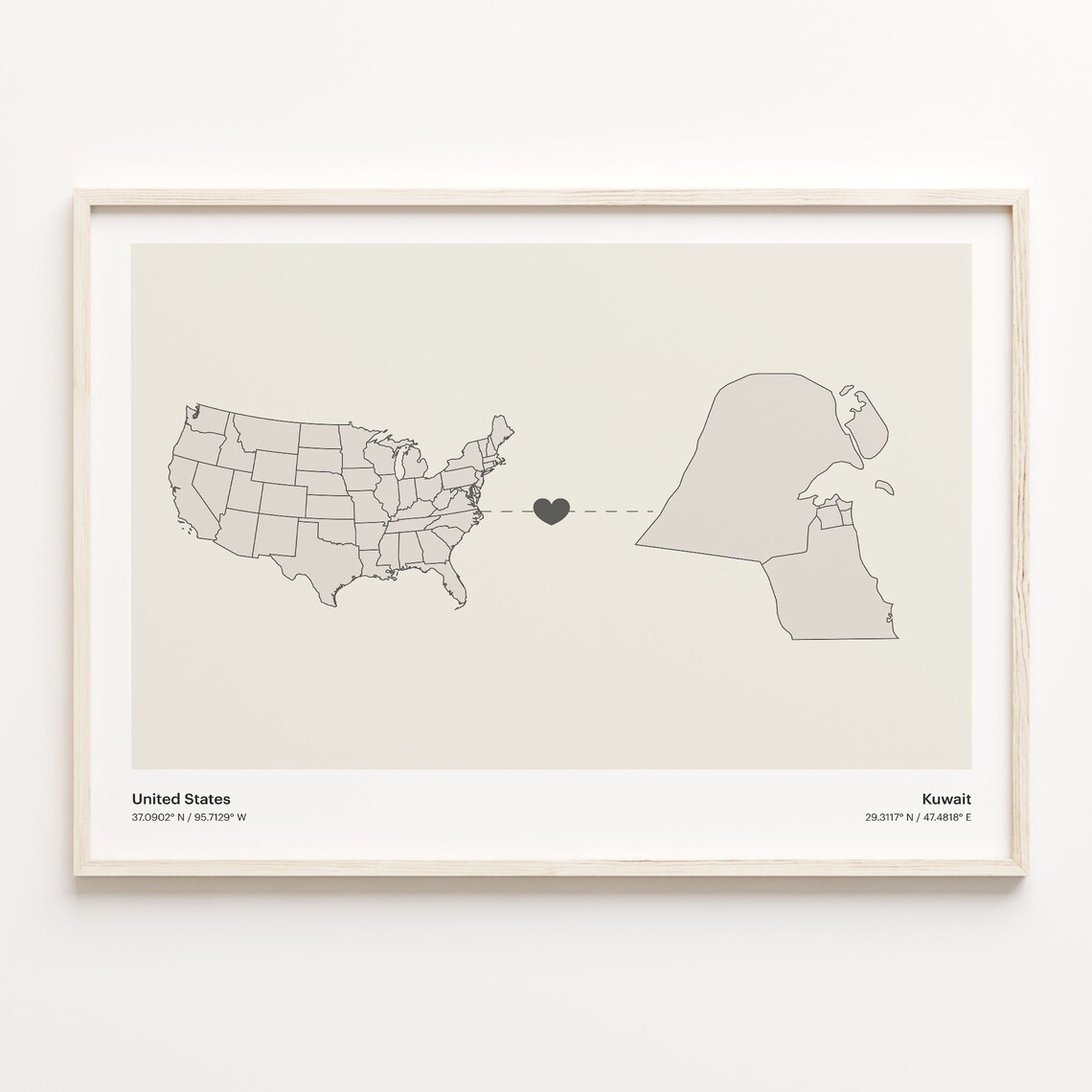 United States To Kuwait Minimalist Love Heart Connection Map Poster