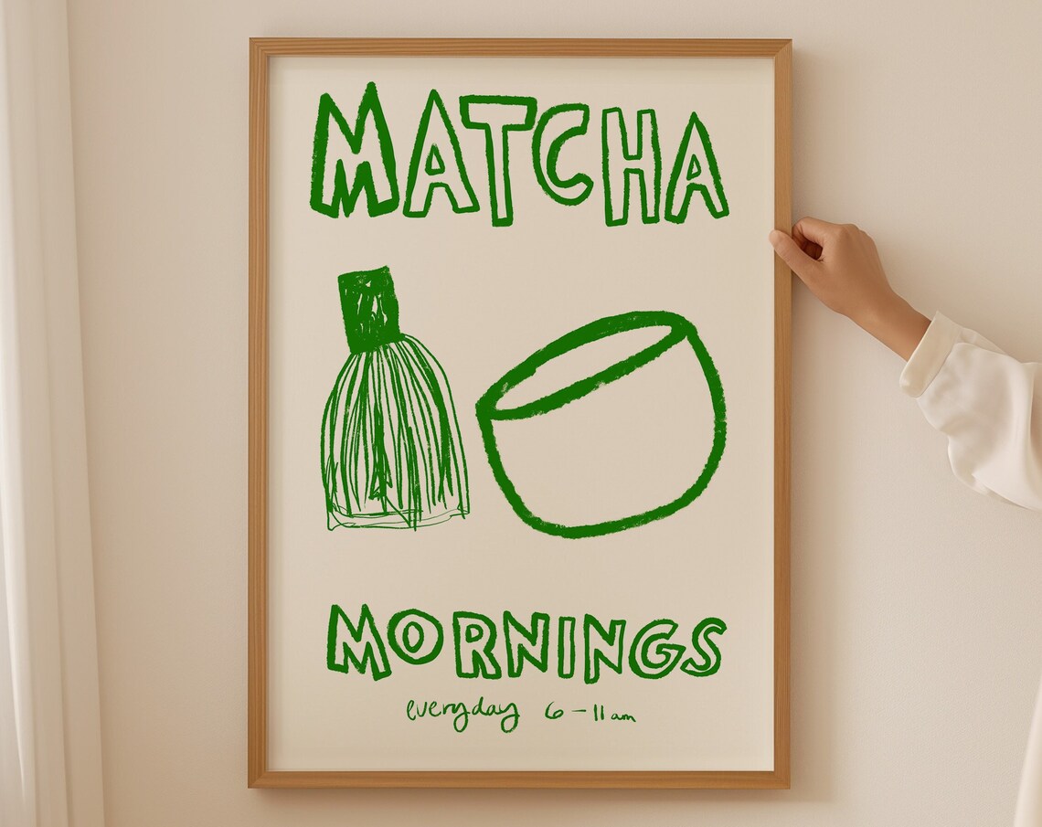 Matcha Mornings Retro Drink Art, Cafe Poster Print