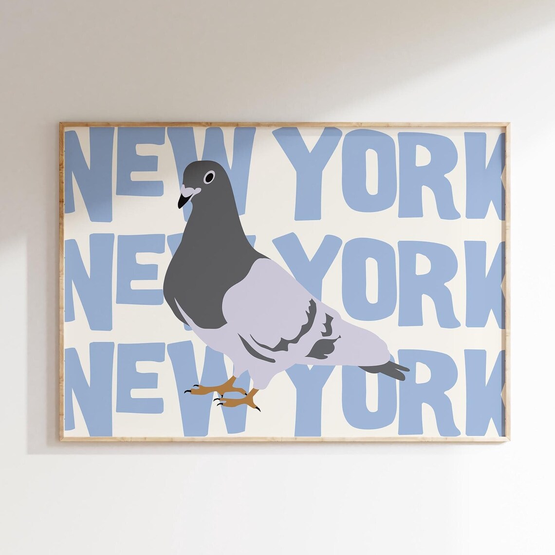 New York Pigeon Funny Urban City Bird Retro Blue Art Decor Poster