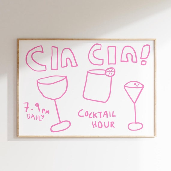 Bar Cart Print Cin Cin Poster Trendy Horizontal Wall Art Retro Bar Cart Decor Trendy Kitchen Poster Vintage Drinks Poster Art Pink