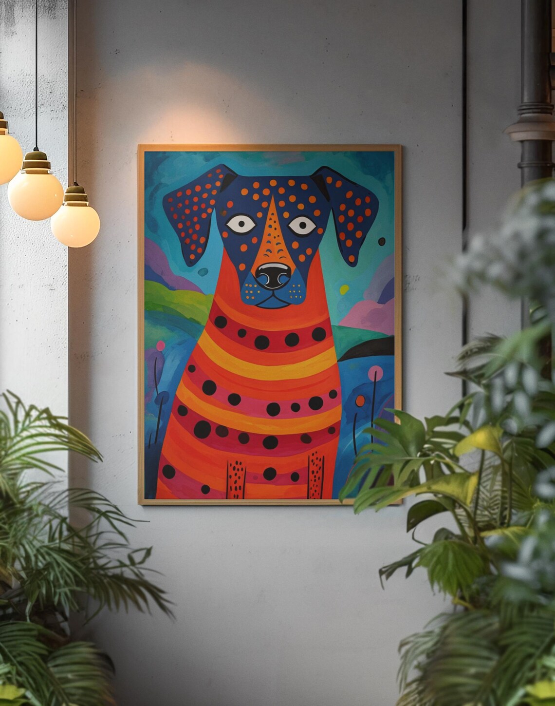 Colorful Folk Art Dog Portrait Vibrant Abstract Bold Style Poster