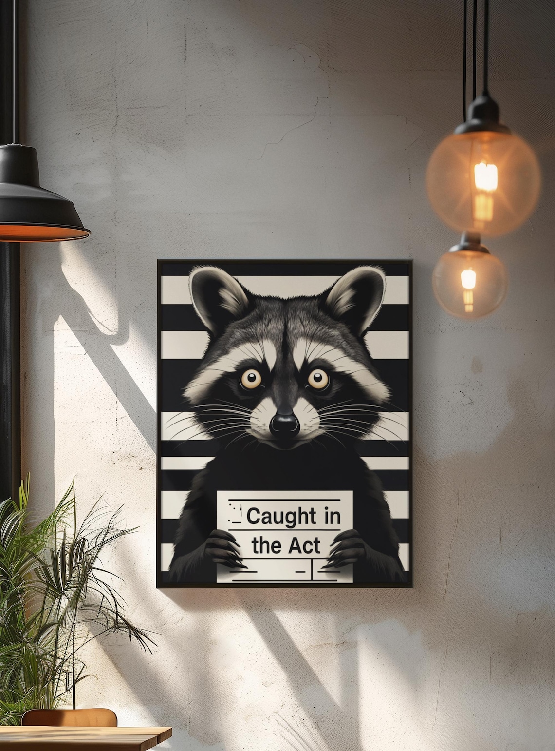 Caught in the Act Funny Raccoon Mugshot Black and White Art Poster
