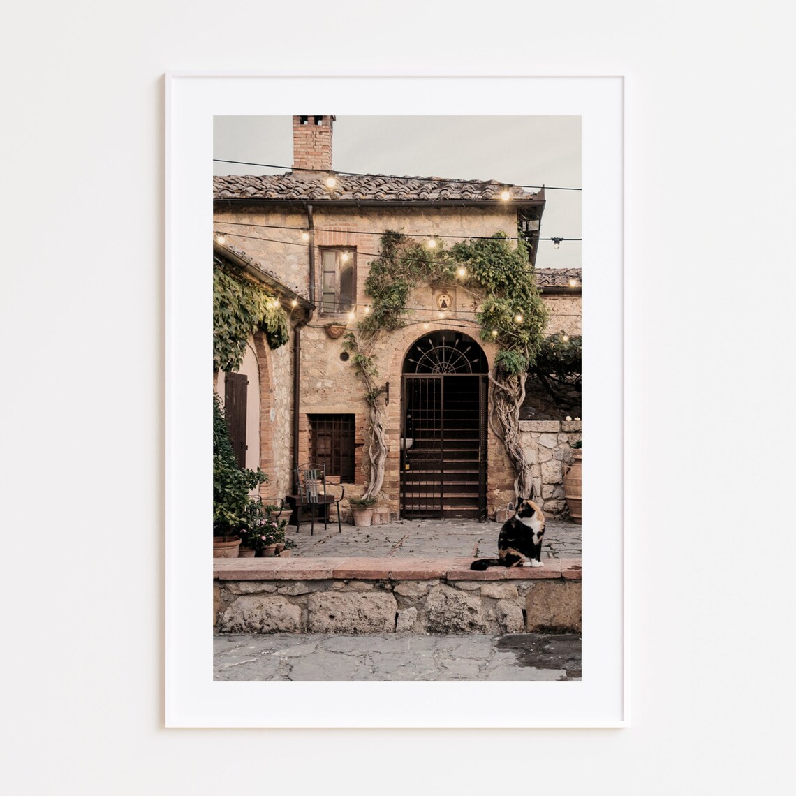 Tuscany Italy Rustic Stone Farmhouse Cat Evening Lights Poster