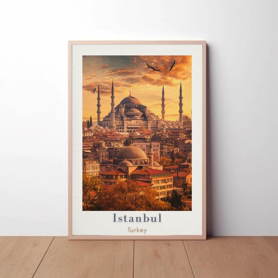 Istanbul Turkey Mosque Minarets Golden Sunset City Travel Poster
