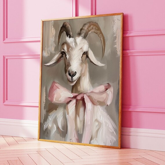 Whimsical White Goat with a Pink Bow Coquette Style Nursery Poster
