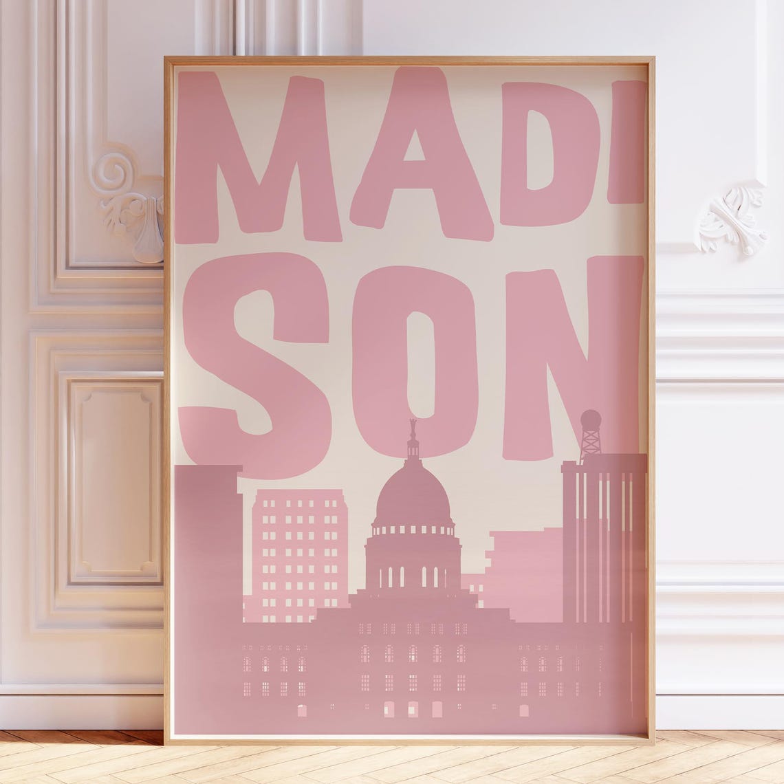 Madison Wisconsin Pink Typography Skyline Silhouette Retro City Poster