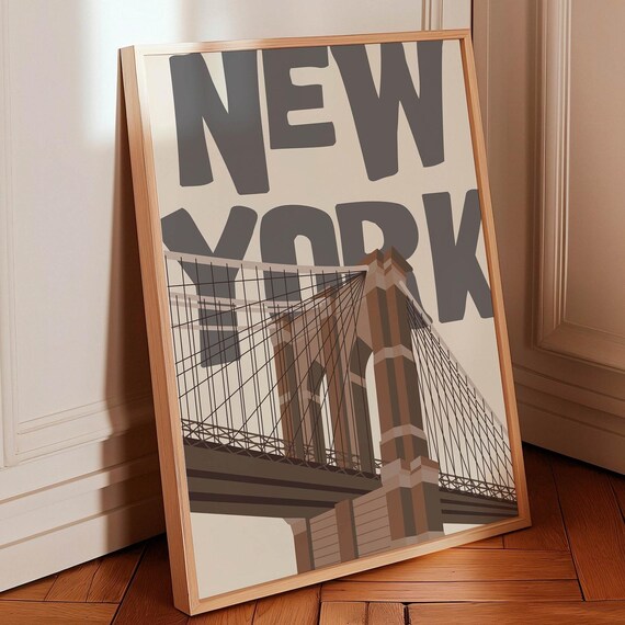 New York City Bold Gray Lettering Brooklyn Bridge Illustrated Art Poster