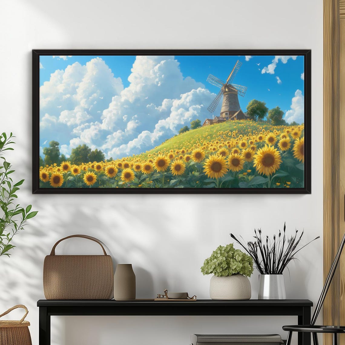 Windmill Over a Golden Sunflower Field Under Bright Blue Sky Art Print