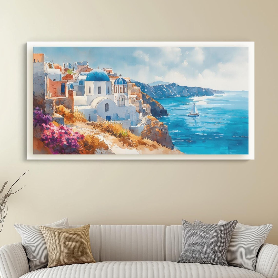 Santorini Greece Blue Domed Churches Aegean Coast Watercolor Poster
