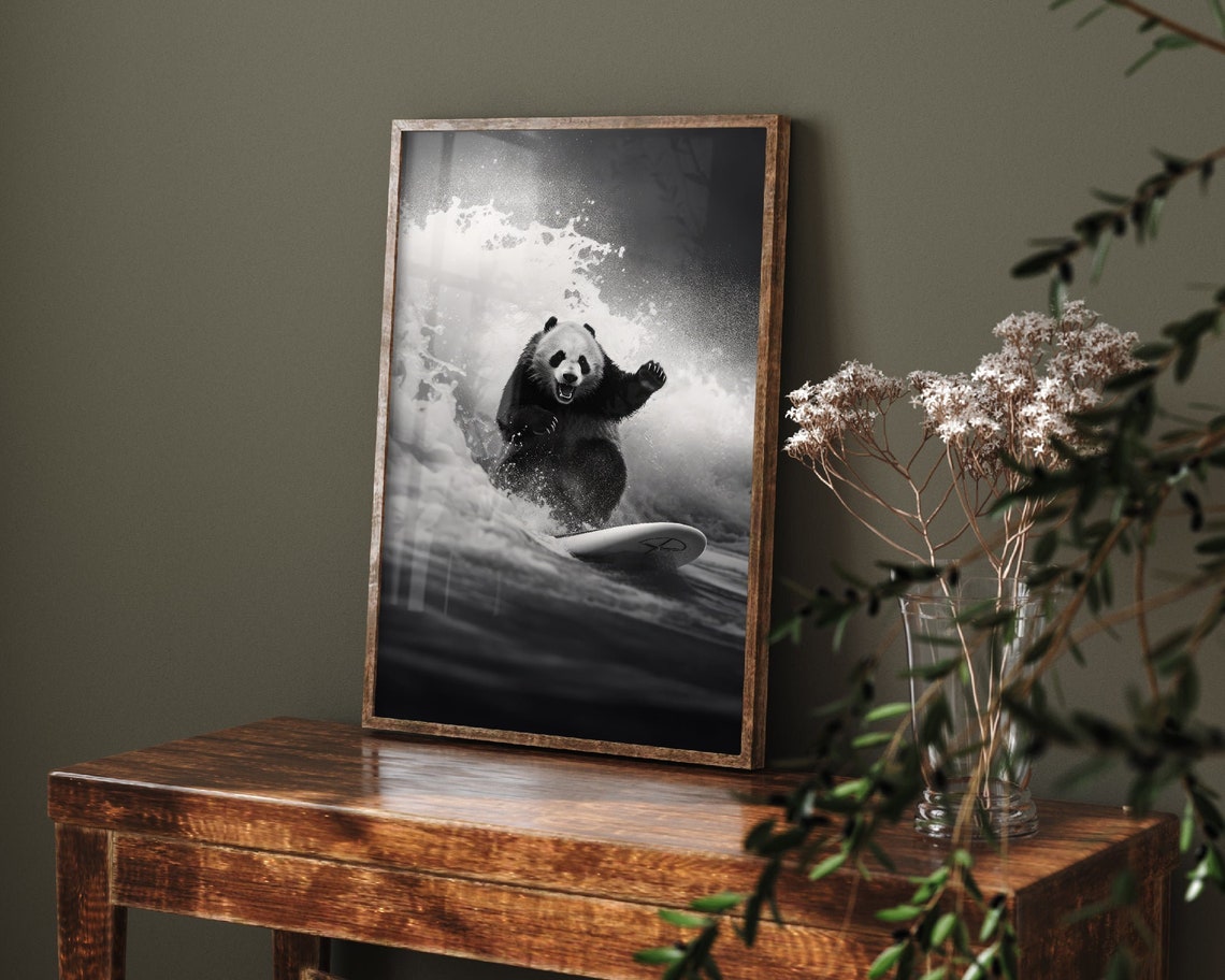 Animals Surfing Photograph Panda Art Print Poster Painting Museum Quality Giclee Home Wall Dcor