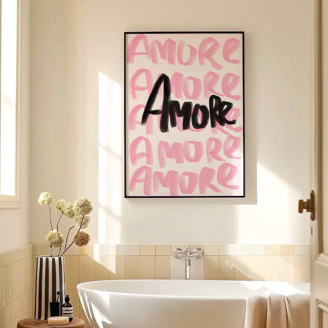Amore Repeated Pink and Black Brushstroke Romantic Typography Poster - Image 3