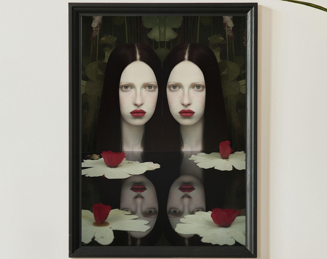 Surreal Twin Sisters Portrait Mirror Reflection Dark Floral Poster