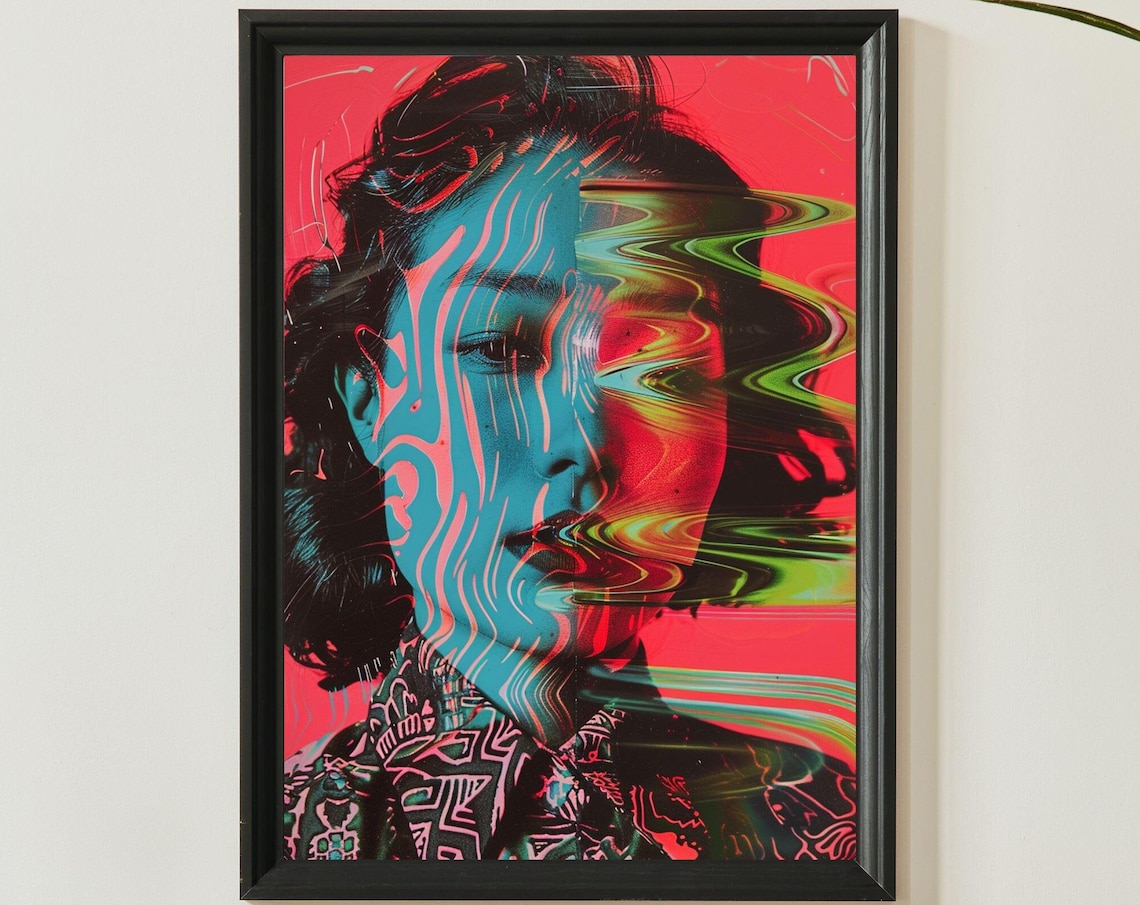 Duotone Glitch Woman Portrait Cyan Pink Wavy Cyber Digital Art Poster