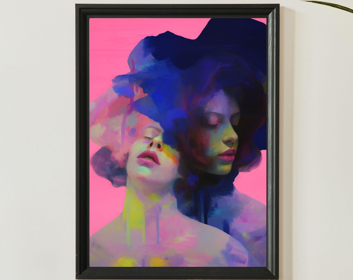 Dreamy Double Exposure Woman Soft Pastel Romantic Portrait Art Poster