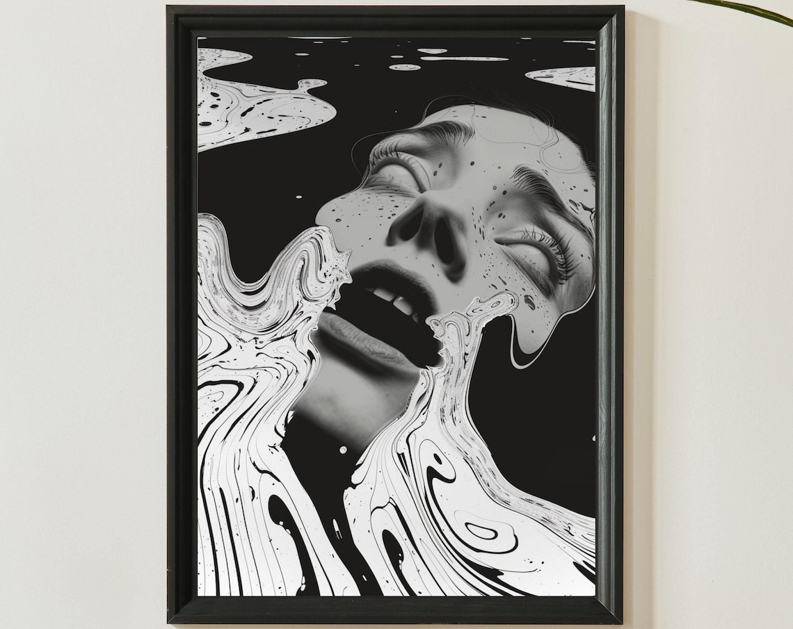 Surreal Woman Face Marble Ink Black and White Portrait Art Print