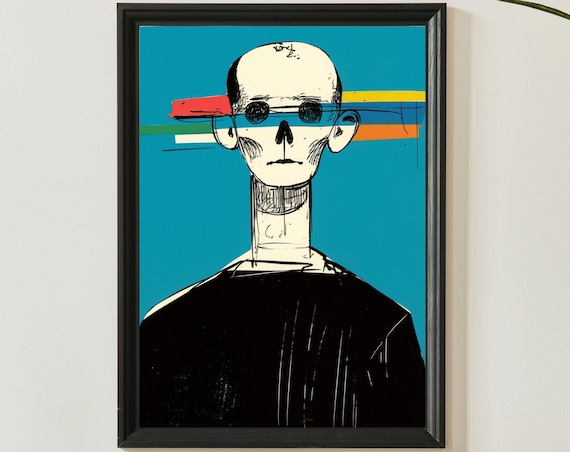 Abstract Line Art Man Portrait With Colorful Stripes Blue Poster