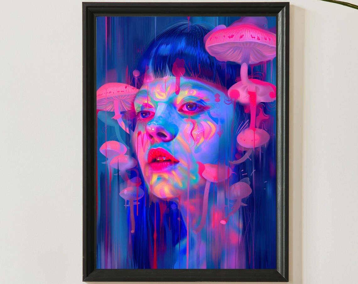 Neon Mushroom Woman Portrait Glowing Pink Blue Mushrooms Dark Poster