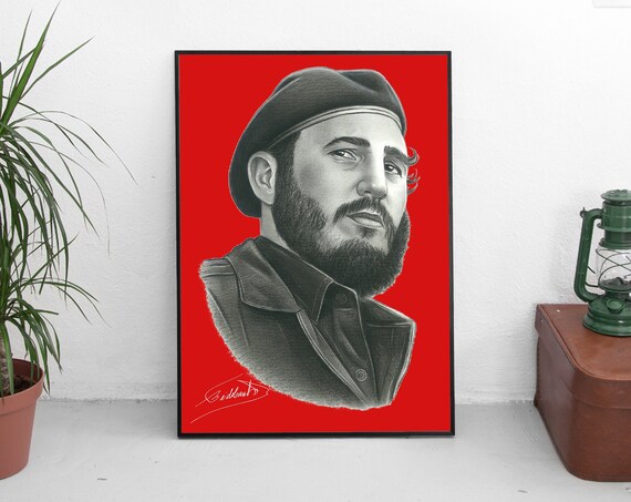 Fidel Castro Pencil Sketch Portrait on Bold Red Background Poster