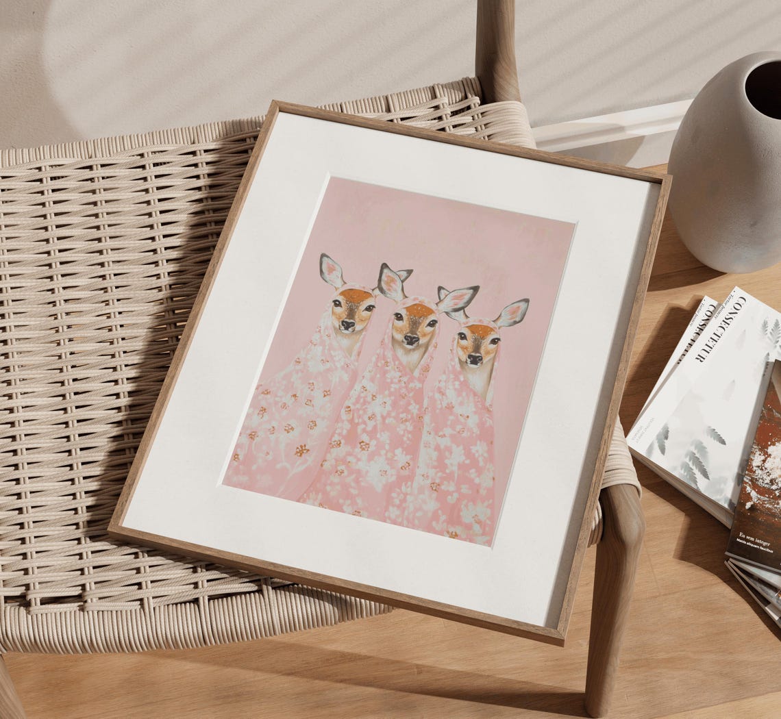 Three Deer Pink Floral Dresses Cute Whimsical Nursery Poster - Image 3