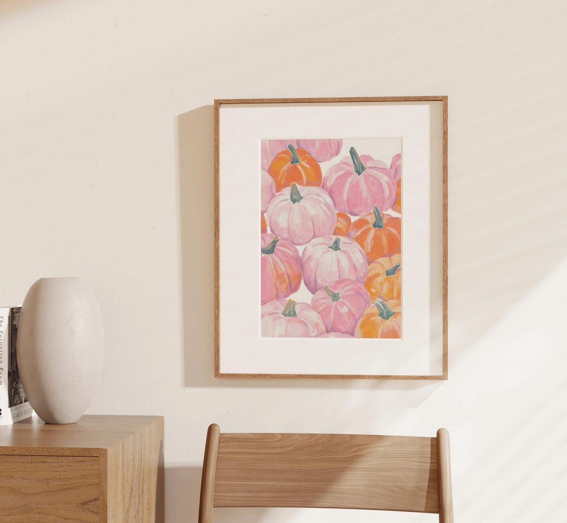 Pink Orange Pumpkins Colorful Watercolor Fall Harvest Autumn Wall Art - Image 3